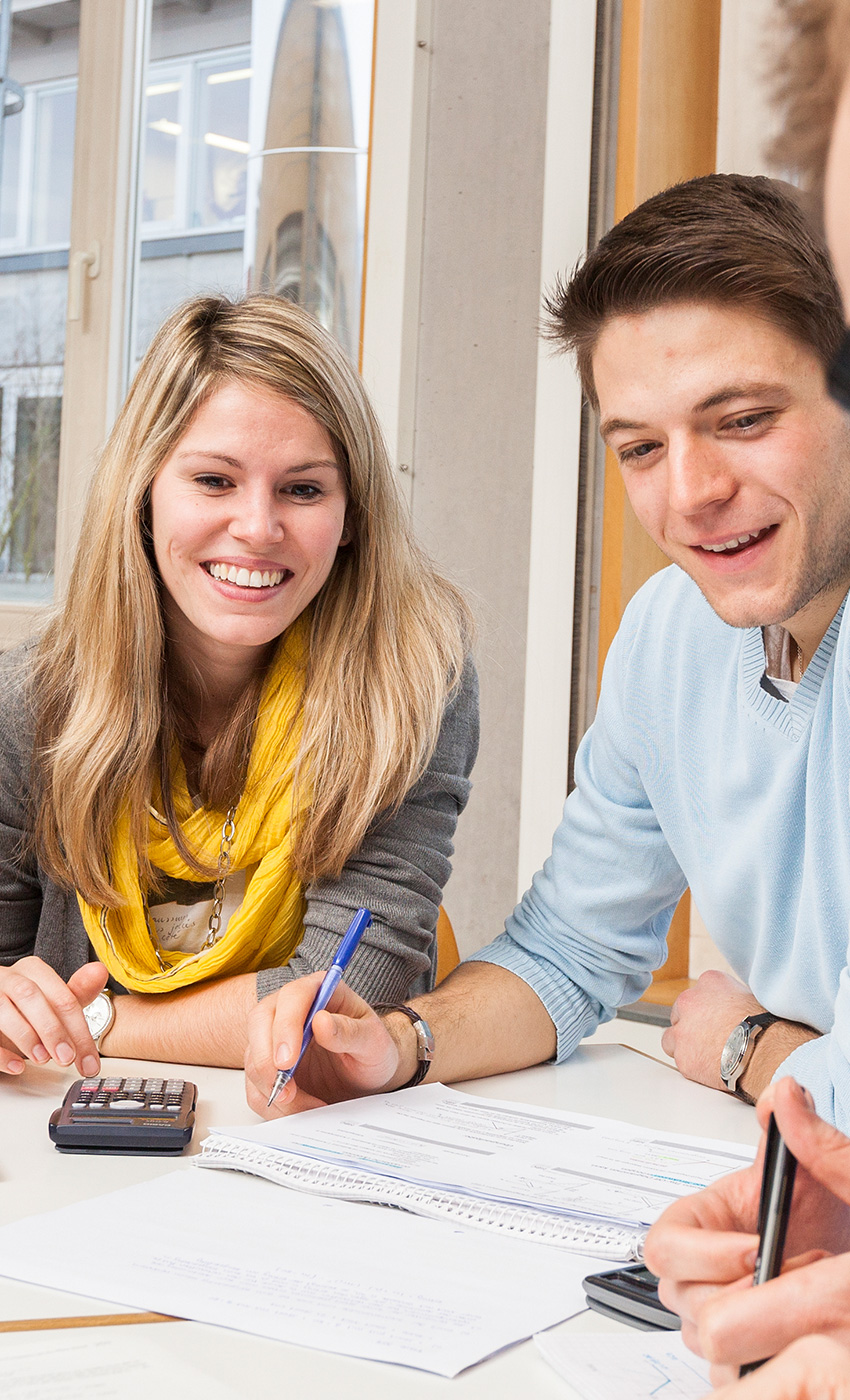Zwei freundliche Studierende, die sich an einer Gruppenarbeit beteiligen.